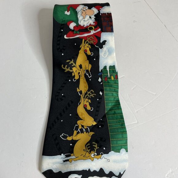 Yule Tie Greetings Hallmark Tie 100% Silk Santa Reindeer Chimney Multicolor - Picture 2 of 6